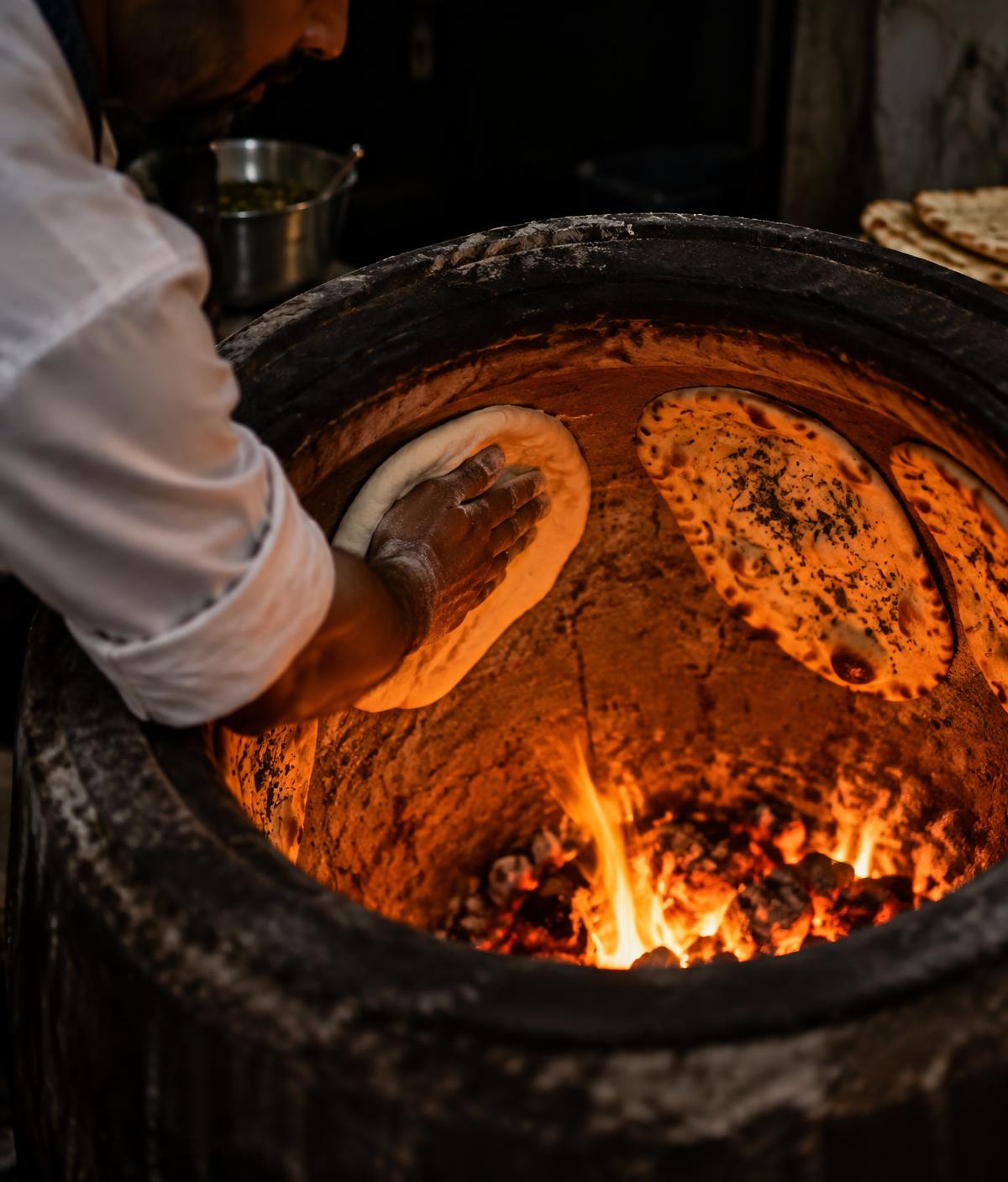 Naan bakas i tandoorugnen